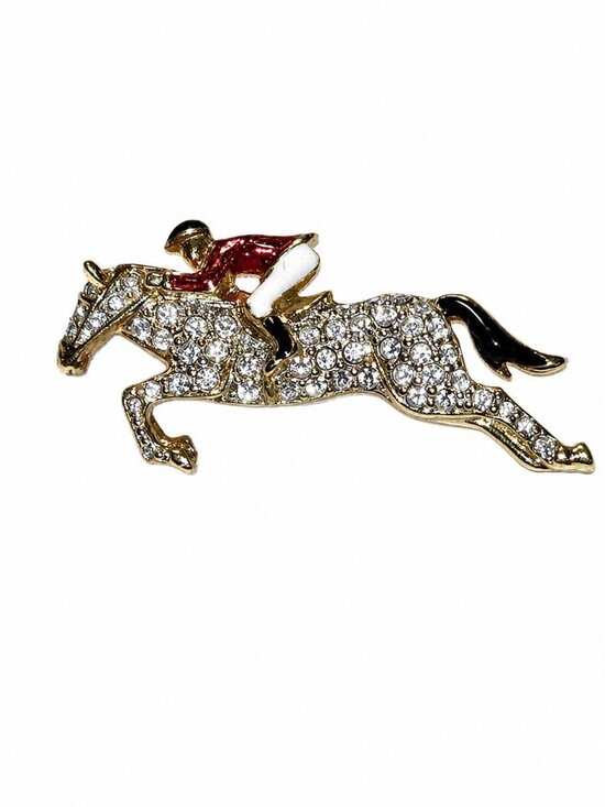 N/A Jewelry - Jockey & Racehorse Rhinestone Red Jacket White Pant Enamel Running Horse Brooch